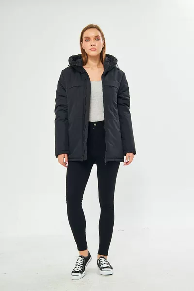 Manteau d'hiver pour femme à capuche, coupe-vent, noir & parka