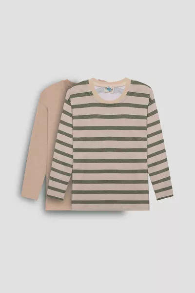 تيشيرت أطفال للجنسين بأكمام طويلة وياقة دائرية، مزدوج، مخطط وسادة باللون الزيتوني والبيج