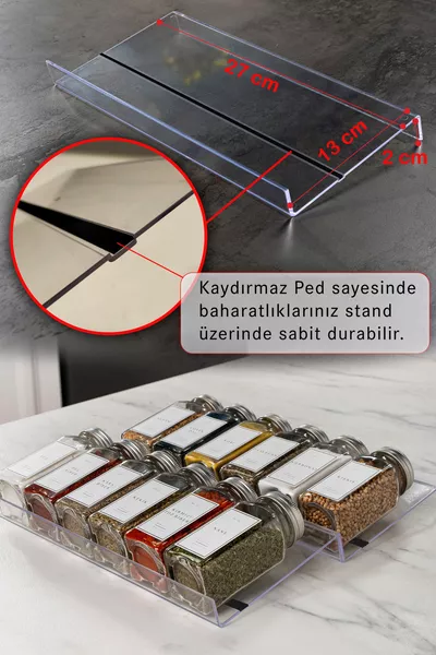 'li Şeffaf-pleksi Standlı Cam Baharatlık Seti Gümüş Kapaklı Beyaz Etiketli 