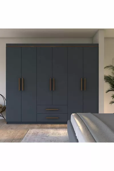 Armoire Lavinya Lux 6 portes 2 tiroirs Noyer-anthracite gris