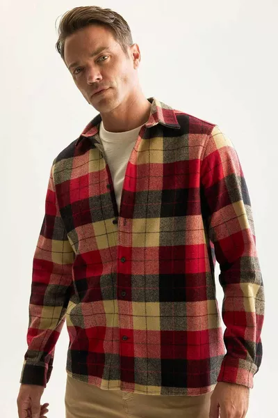 Рубашка в клетку из фланели с длинным рукавом, поло-воротником, прямого кроя AXNS