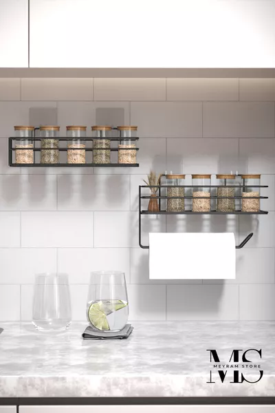 Épicerie noire autocollante 2 pièces Support en métal pour serviettes en papier Support à épices Étagère de cuisine autocollante