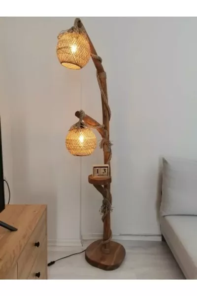 Етажна лампа от дърво Естествена дървена етажна лампа Серия Konak Двойна крушка