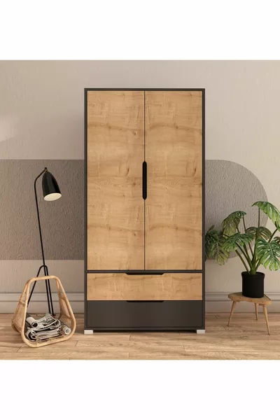 Guardaroba Flora 2 Ante 2 Cassetti Antracite - Quercia Zaffiro