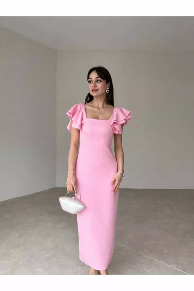 Square Neck Sleeve Detailed Slit Atlas Fabric Midi length Pink Dress