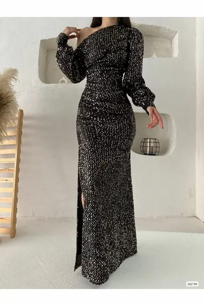 خارج الكتف كم طويل شق الترتر ماكسي طول مساء اللباس