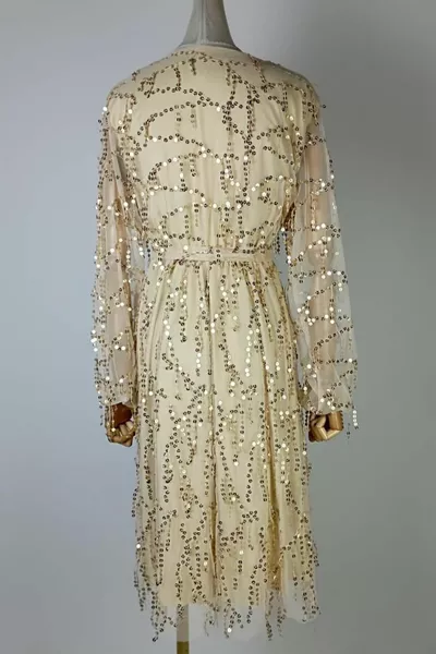  Double-breasted Collar Sequin Detail Fringed Evening Dress Gold