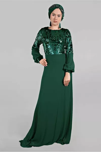 Robe de soirée ballon à manches pailletées vert (K.EMERALD) pour femmes 