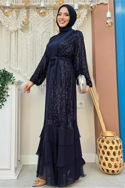 MARINEBLAUWE AVONDJURK MET PAILLETTEN VOOR DAMES SET T 