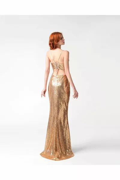 Kadın Gold Balık Model Kuyruklu Uzun Payet Etek
