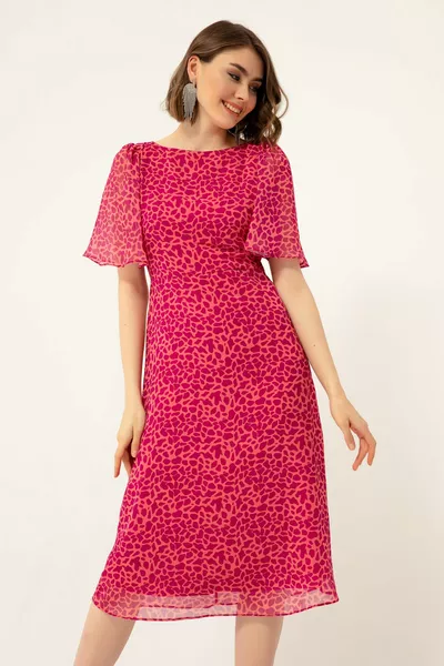 المرأة الفوشيا قصيرة الأكمام منقوشة ميدي الشيفون اللباس