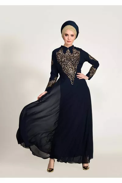 المرأة الأزرق الداكن مطرزة مفصلة مساء اللباس 