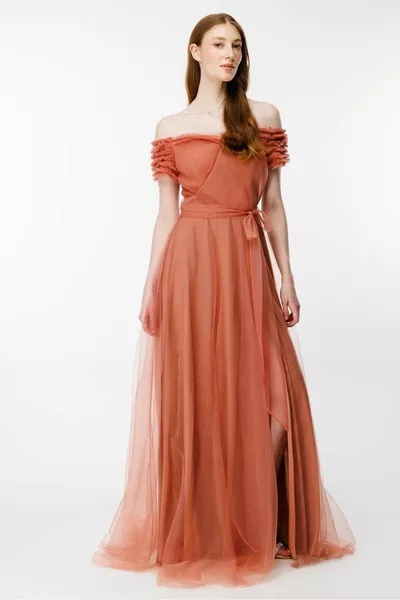 Robes de soirée en tulle avec fentes aux épaules tombantes - PÊCHE