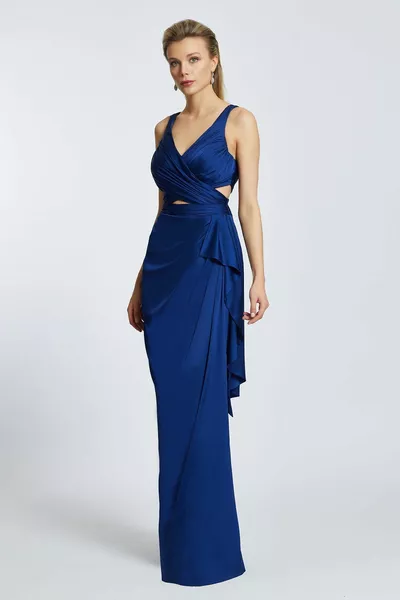 Abito da sera donna con scollo a V drappeggiato con fessura lunga sulla schiena e abito da laurea -saks