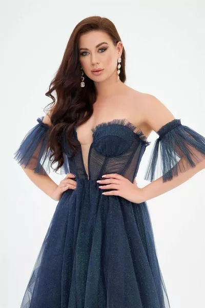 الأزرق الداكن بريق تول الظهر التعادل حمالة فستان الخطوبة