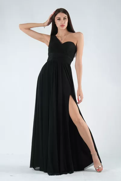 فستان سهرة ذو كتف واحد أسود 