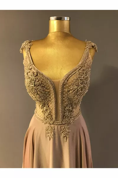 كابتشينو نسائي A قطع الأورجانزا الشيفون حجر مساء طويل فستان Trendabiye K: /