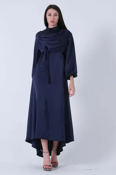 Degaje Satin Balloon Sleeve Hijab Dress Navy Blue 