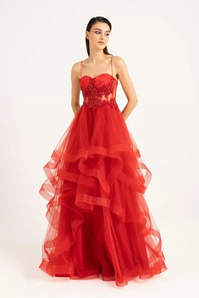 تنورة الحبوب الحمراء مطرزة الدانتيل مفصلة تول مساء اللباس والحناء اللباس