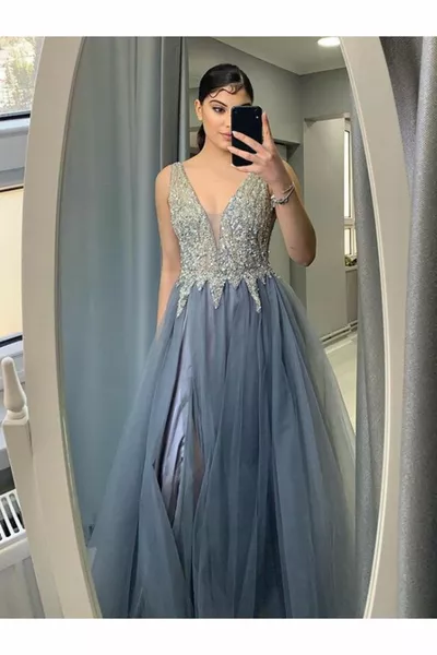Shiny Stone Tulle Skirt Slit Evening Dress