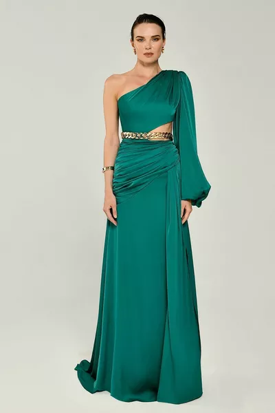 Едно рамо рокля с верига колан талията прозорец детайл