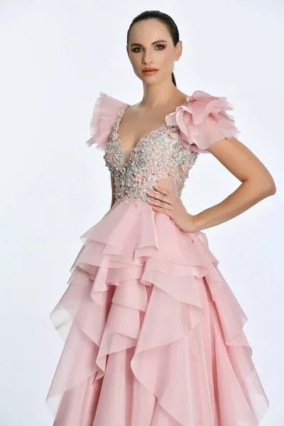 Guipure الخامس الرقبة طبقات الأميرة مساء اللباس