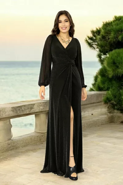 مزدوج الصدر طوق كم طويل بريق محبوك النسيج مساء اللباس