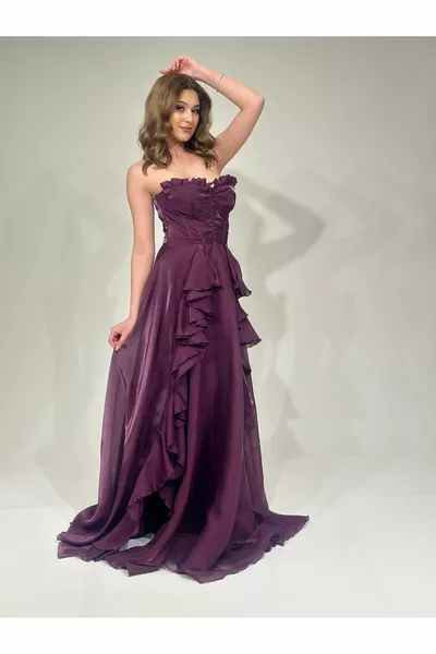 Strapless Front Ruffled Detailed Long Evening Dress 