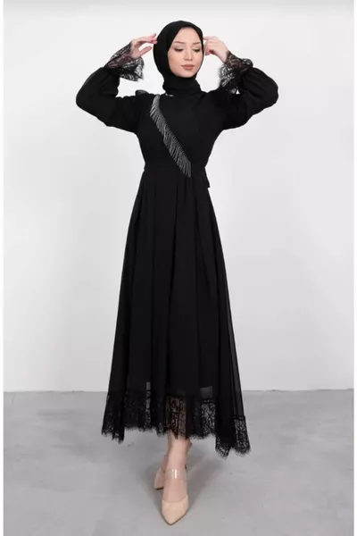 Дантела подробни асиметрични хиджаб вечерни рокли