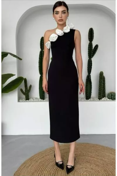 واحد الكتف الأبيض روز مفصلة قسط ميدي اللباس اللباس