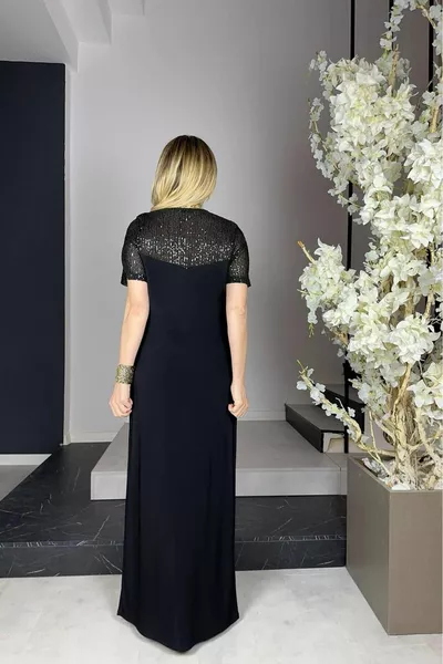  Robe de soirée maxi à paillettes et drapés noir