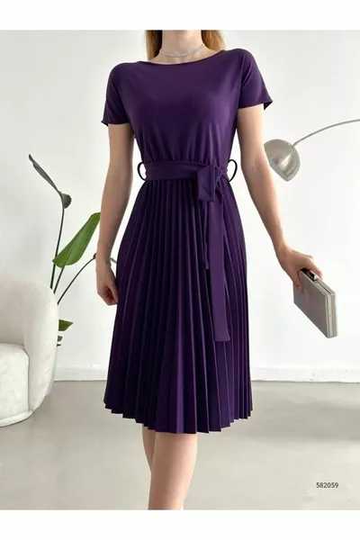 Short Sleeve Belted Skirt Pleated Imported Crepe Fabric Evening Dress Promise Engagement Wedding Graduation