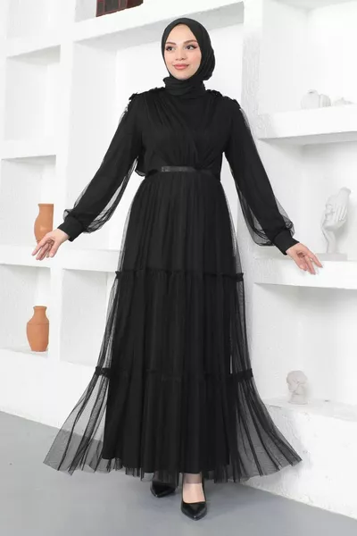 Lace Detailed Tulle Evening Dress Black 