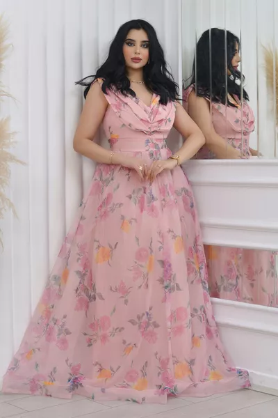 روز منقوشة الرقمية المطبوعة صفر الأكمام V منخفضة قطع فستان سهرة طويلة على تول مرنة