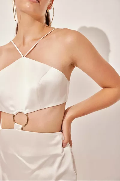 Cream Drawstring Waist Detailed Dress