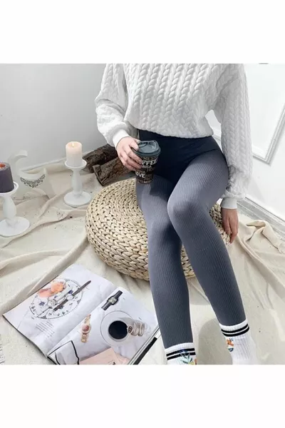 Антрацитовые зимние флисовые леггинсы с высокой талией