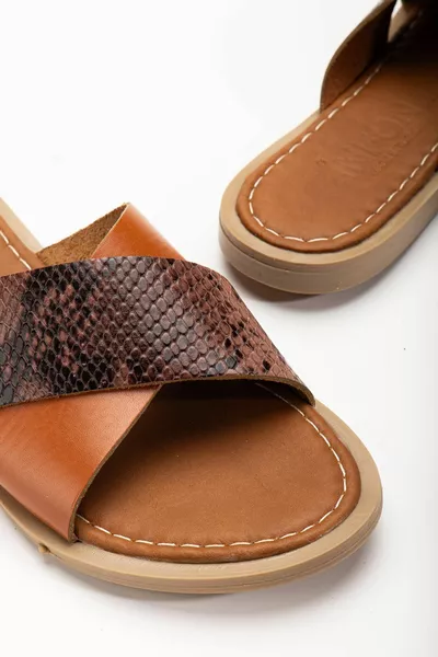  Tan Ортопедични дамски чехли с кръстосана каишка от естествена кожа