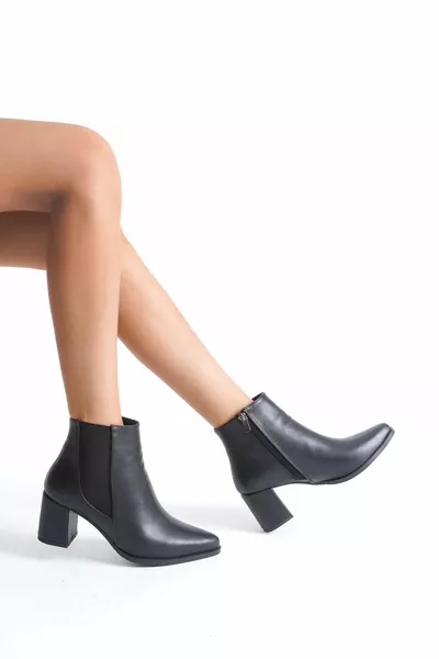 Женские заостренные носки Черная кожа Толстые каблуки Ботинки на молнии Боковые Эластичные Детализированный Повседневный крой