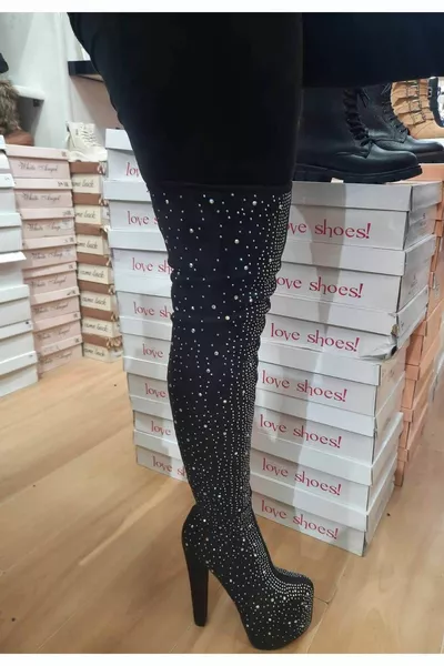 نسائي أسود الكعب العالي الجوارب لامعة بسط مساء اللباس فوق الركبة أحذية أحذية طويلة أحذية