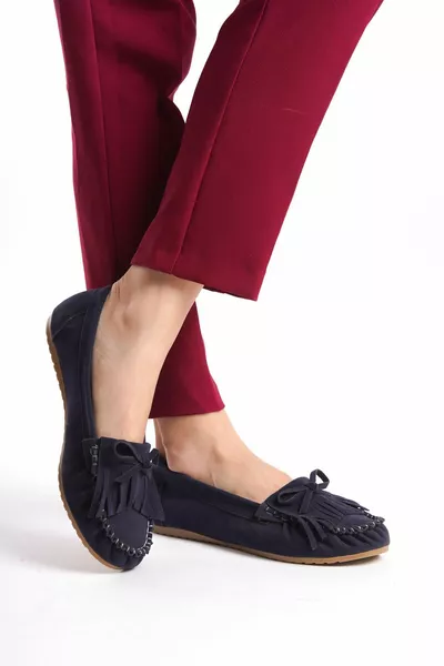  Navy Blue Suede Tassel Casual Women's Ballet Flats