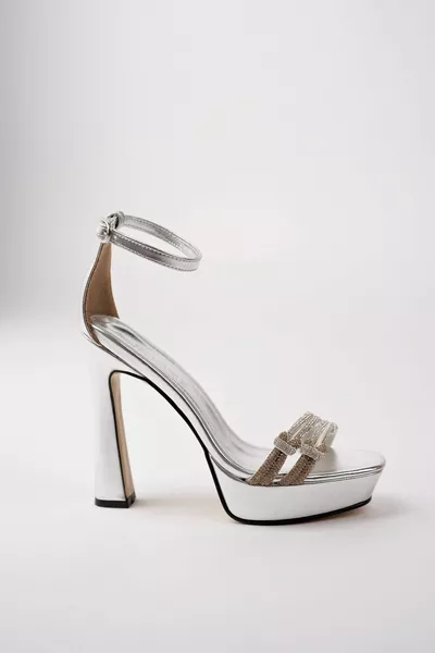 الفضة براءات الاختراع والجلود الجبهة اللون الانتقال الحجر شريط أنيق منصة مساء اللباس الأحذية