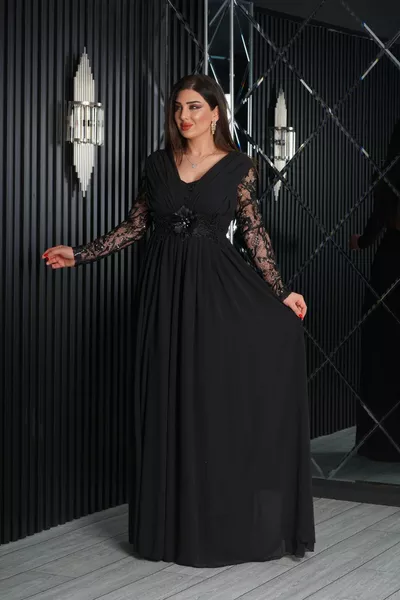 Chiffon Design Mouwen Guipure Taille Lange Jurk Avondjurk met Bloem Parel Accessoires