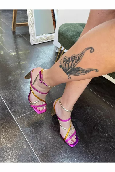 Tre Colori Pietra Chiara Dettagliata Tacco Di Spessore Rosa Elegante Scarpe Da Sera Da Donna
