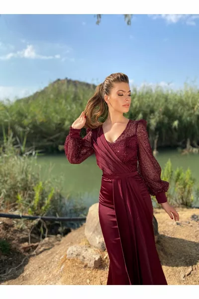 رايات الساتان سود مساء اللباس بورجوندي