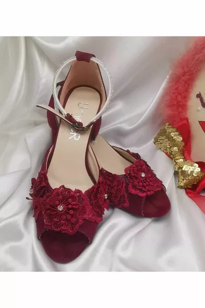 نسائي بورجوندي من جلد الغزال الرباط مريحة 5 سم الكعب السميك مساء اللباس الزفاف الحناء أحذية