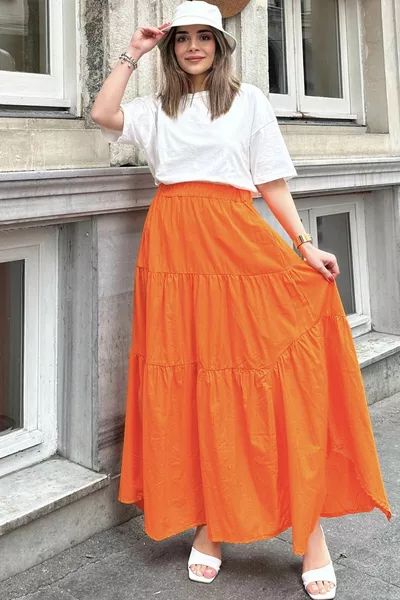 Oranje asymmetrische snit voor dames, elastische taille, gegolfde multiplex stof, lange katoenen rok