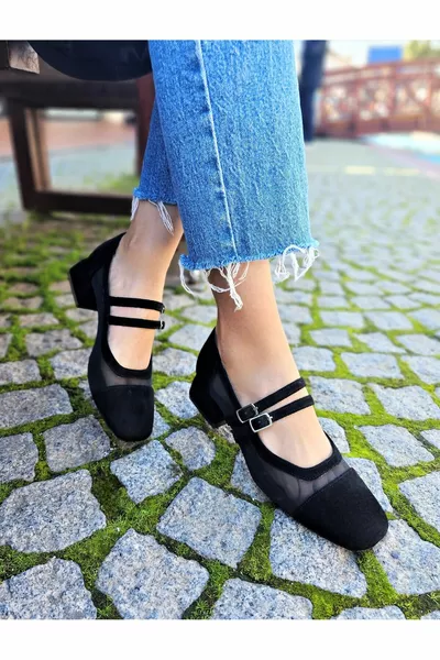 - أسود من جلد الغزال شبكة تول ماري جين مربع كعب إصبع القدم الحاد TARAKLIAYKLR 1NO BÜYÜKforehead