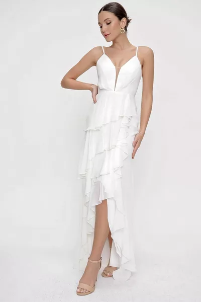 Слой с каишка с волани с подплата от шифон Дълга рокля Екрю