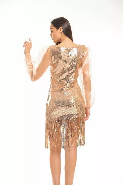 الأكمام الأورجانزا الترتر مساء اللباس الذهب