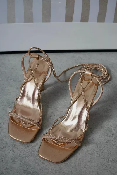 Women's Diamond Stone Welt Sparkling Rose Gold Ankle Heels Stylish Evening Dresses